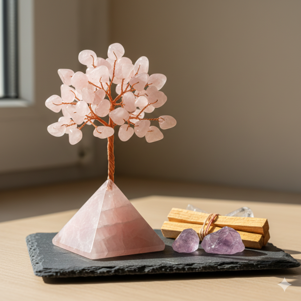 Rosenquarz Lebensbaum "Herzenskraft" – Handgefertigter Edelsteinbaum auf Kristall-Pyramide